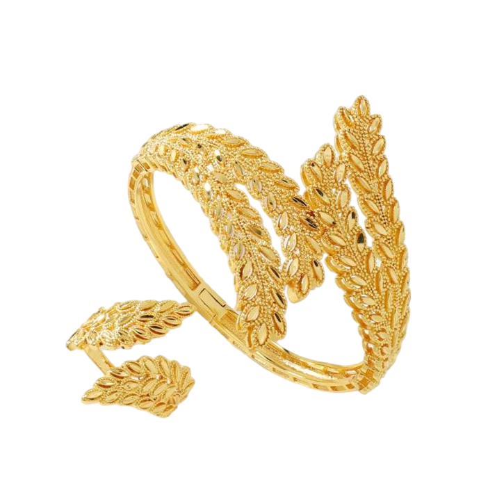 Golden Leaf Ring And Bracelet Set. - Mojood