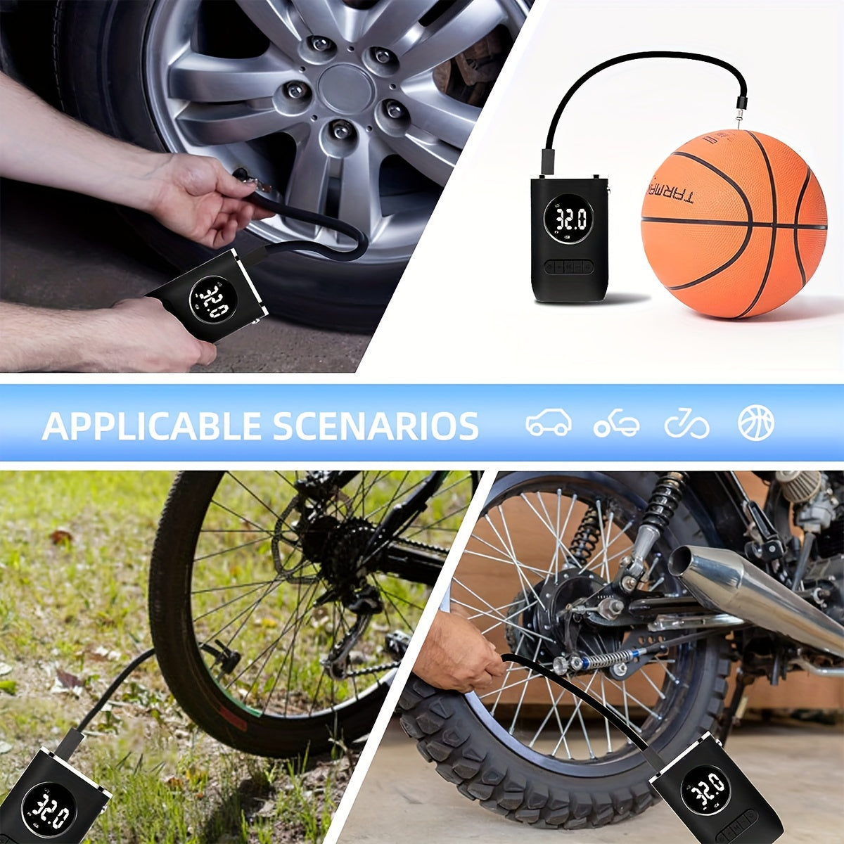 Portable Air Compressor, 150 PSI, Car Air Pump, Electric Tire Inflator