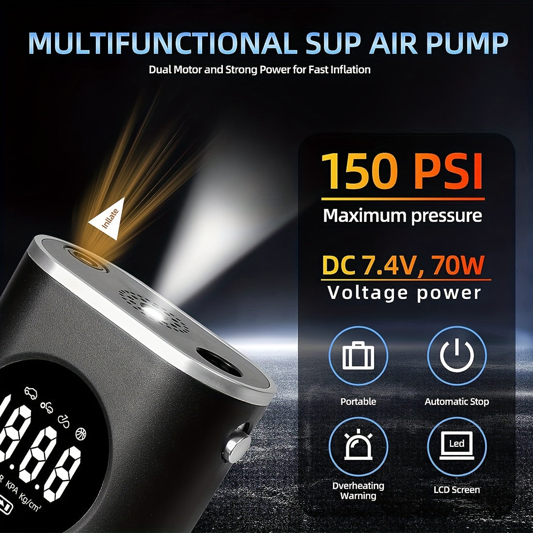 Portable Air Compressor, 150 PSI, Car Air Pump, Electric Tire Inflator