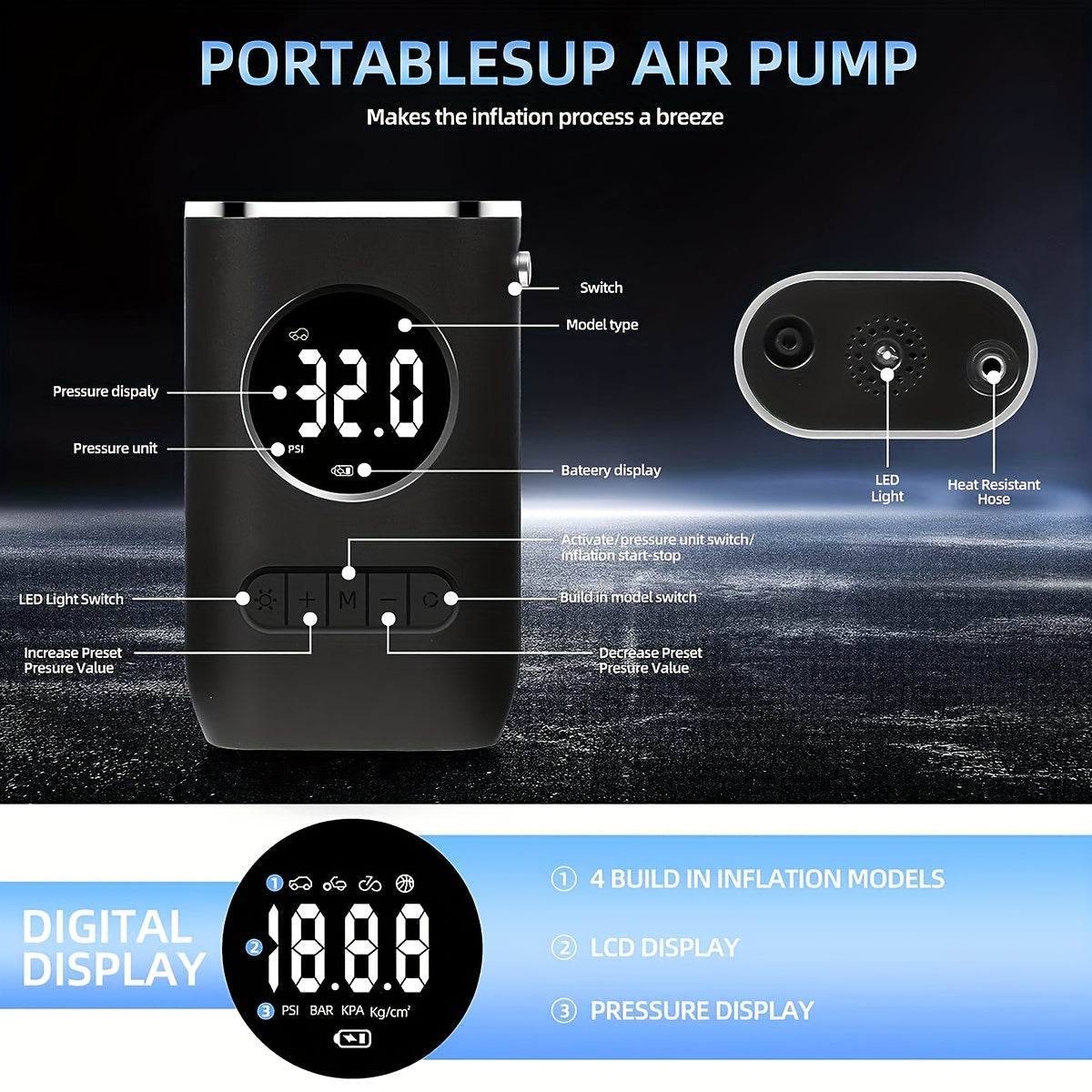 Portable Air Compressor, 150 PSI, Car Air Pump, Electric Tire Inflator