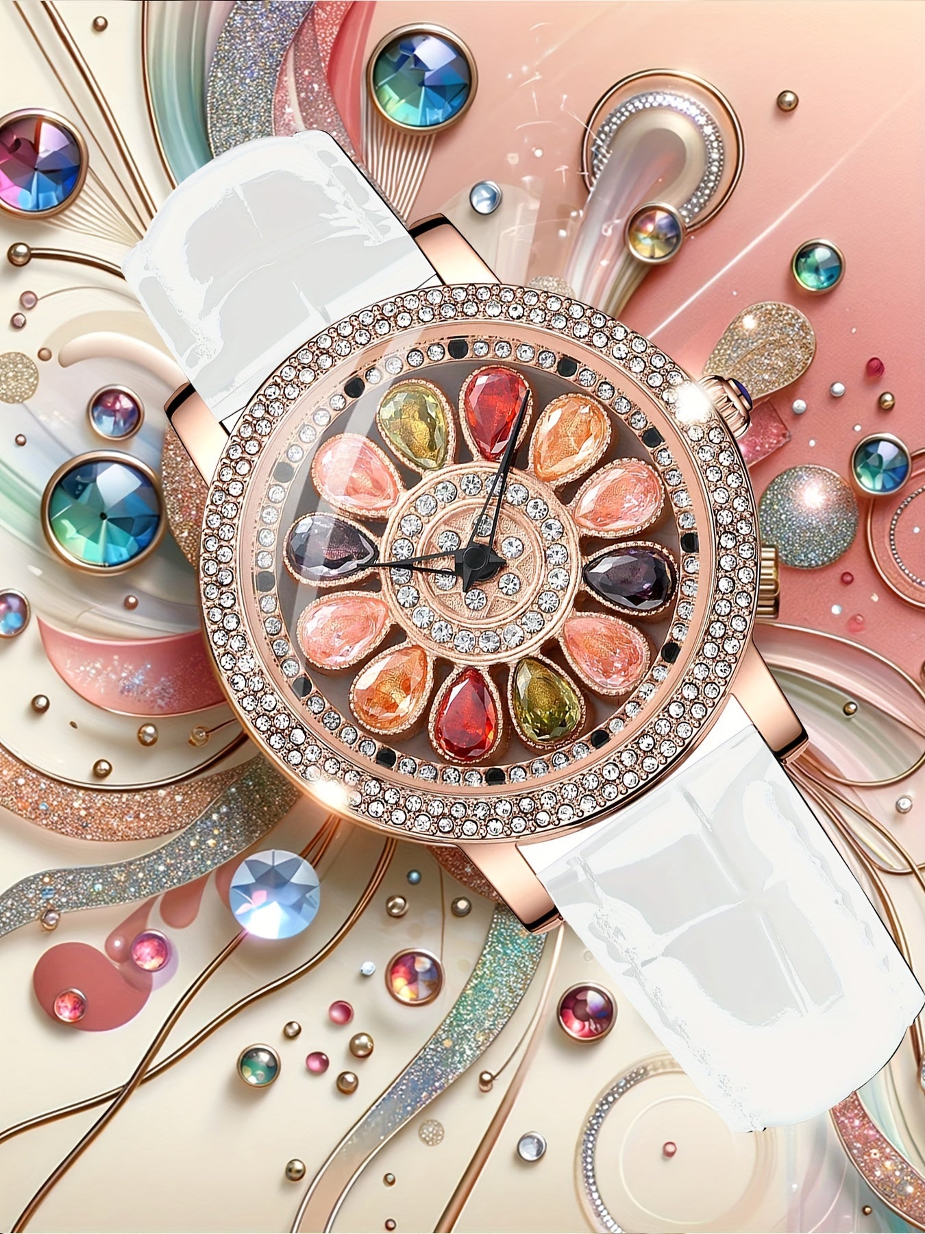 Women's Rhinestone Quartz Watch Rotating Flower Dial - Mojood
